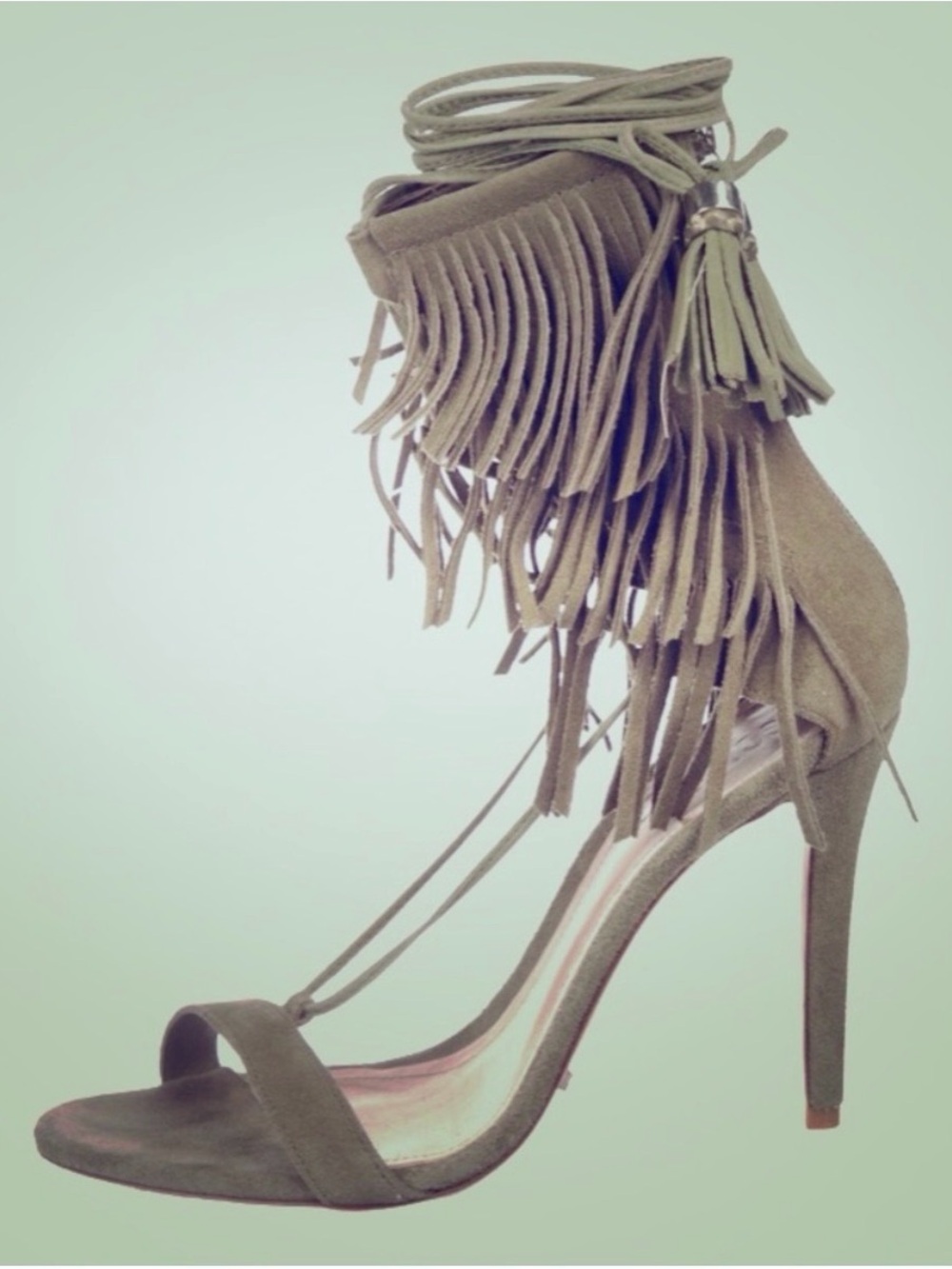 Schutz Kija Fringed Suede Ankle-Tie High Heel Sandals - Olive Size 7.5